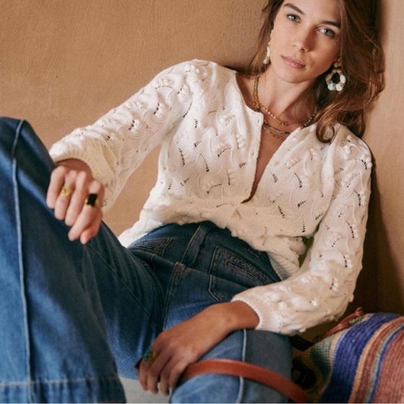 Sezane Sweaters - Sezane Marthe Jumper in Ecru Organic Cotton Button Down Open Textured Sweater